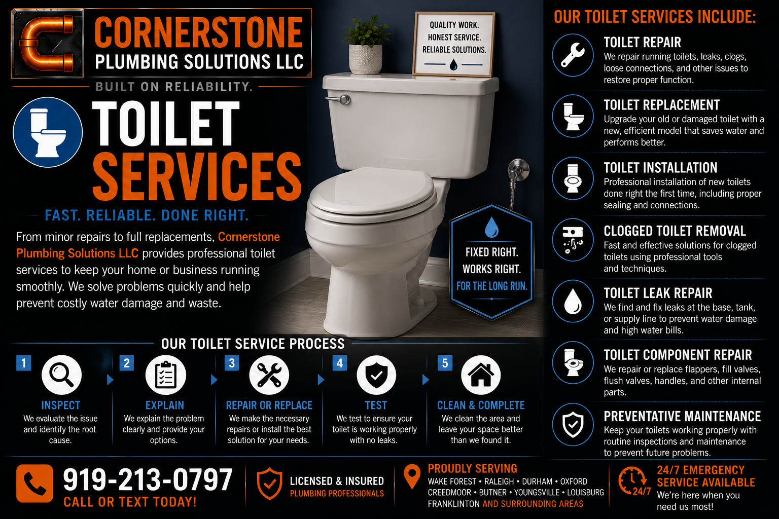 An advertisement for Cornerstone Plumbing Solutions LLC showcasing toilet services, including repair, replacement, installation, removal, leak repair, component repair, and maintenance. It features a toilet in a bathroom with a plant and a sign on top, along with contact information and service process steps.