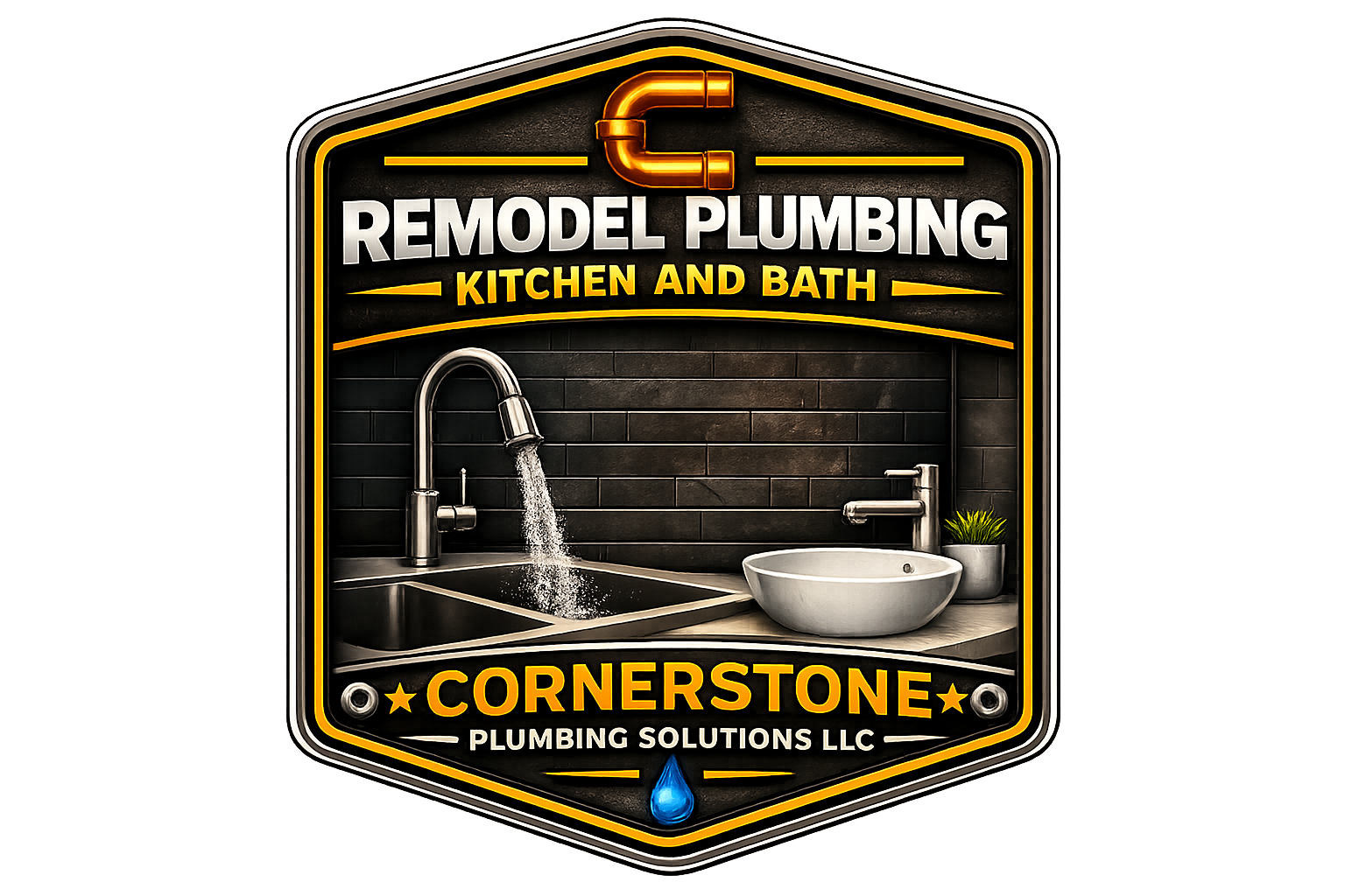Neon sign for Remodel Plumbing, Kitchen and Bath, with sink, faucet, and a plant, and text for Cornerstone Plumbing Solutions LLC.