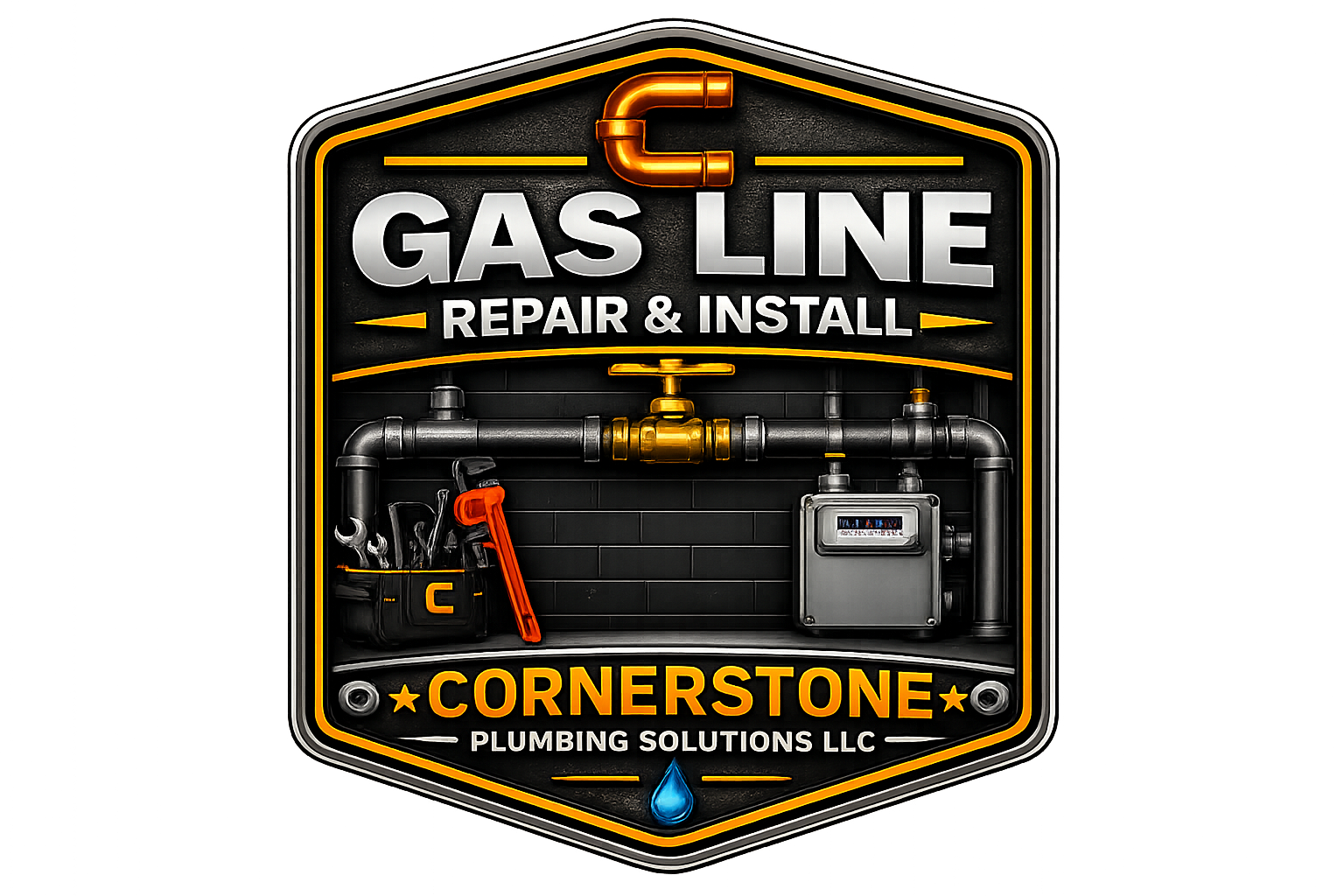 Sign for gas line repair and installation by Cornerstone Plumbing Solutions LLC, featuring a pipe, tools, and utility meter.