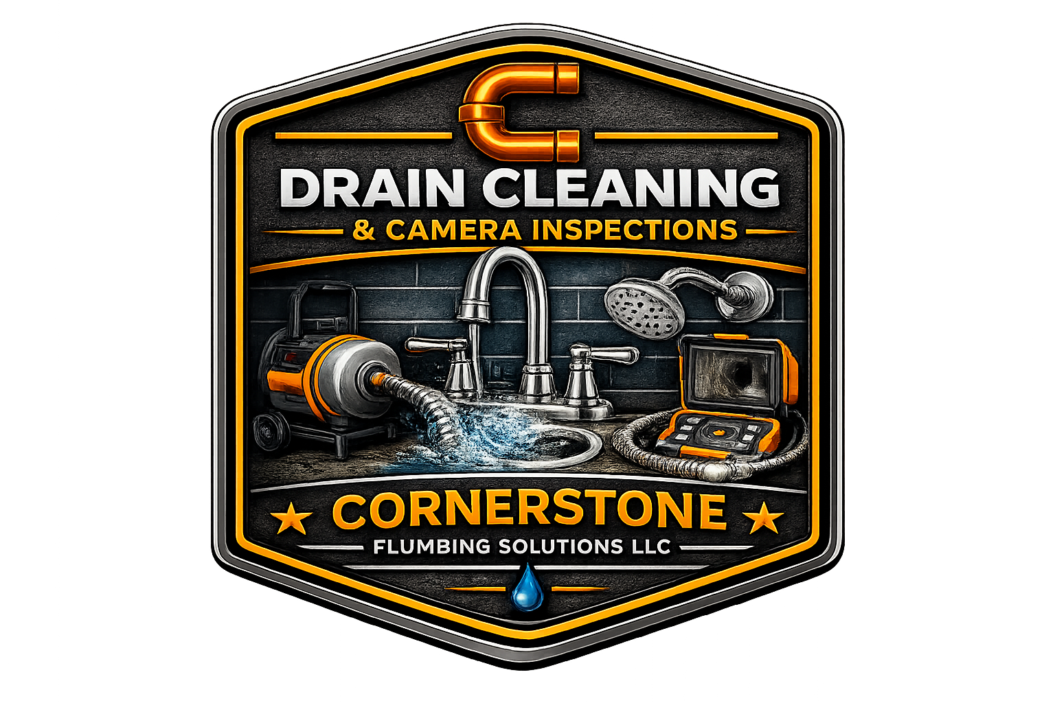 A neon sign advertisement for drain cleaning and camera inspections by Cornerstone Plumbing Solutions LLC, featuring plumbing tools, a pipe, and a water droplet.