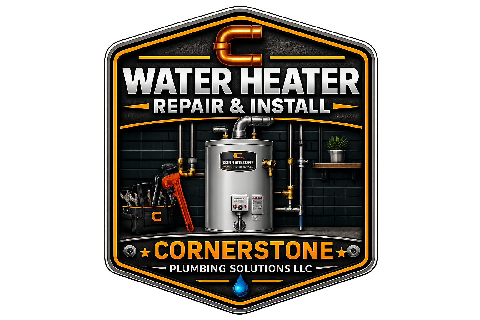 Sign for Cornerstone Plumbing Solutions LLC advertising water heater repair and installation, featuring an image of a water heater with tools and pipes in the background.