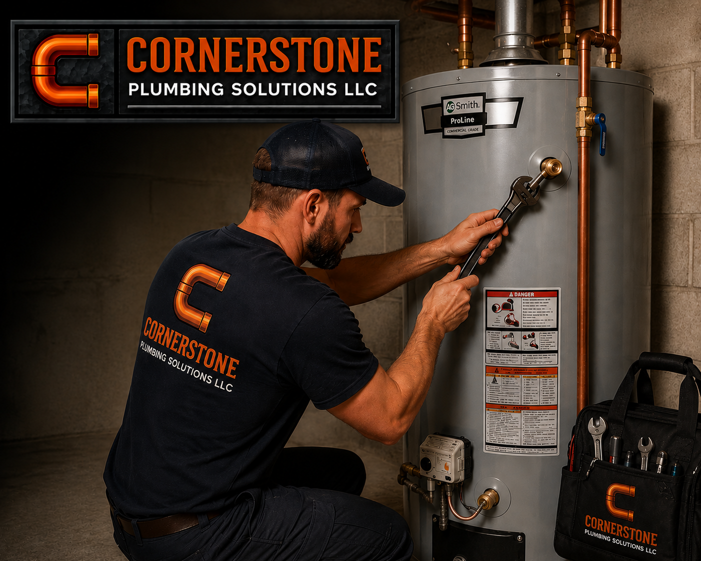 A plumber working on a water heater with tools in a service bag nearby, wearing a shirt and cap with the Cornerstone Plumbing Solutions LLC logo.