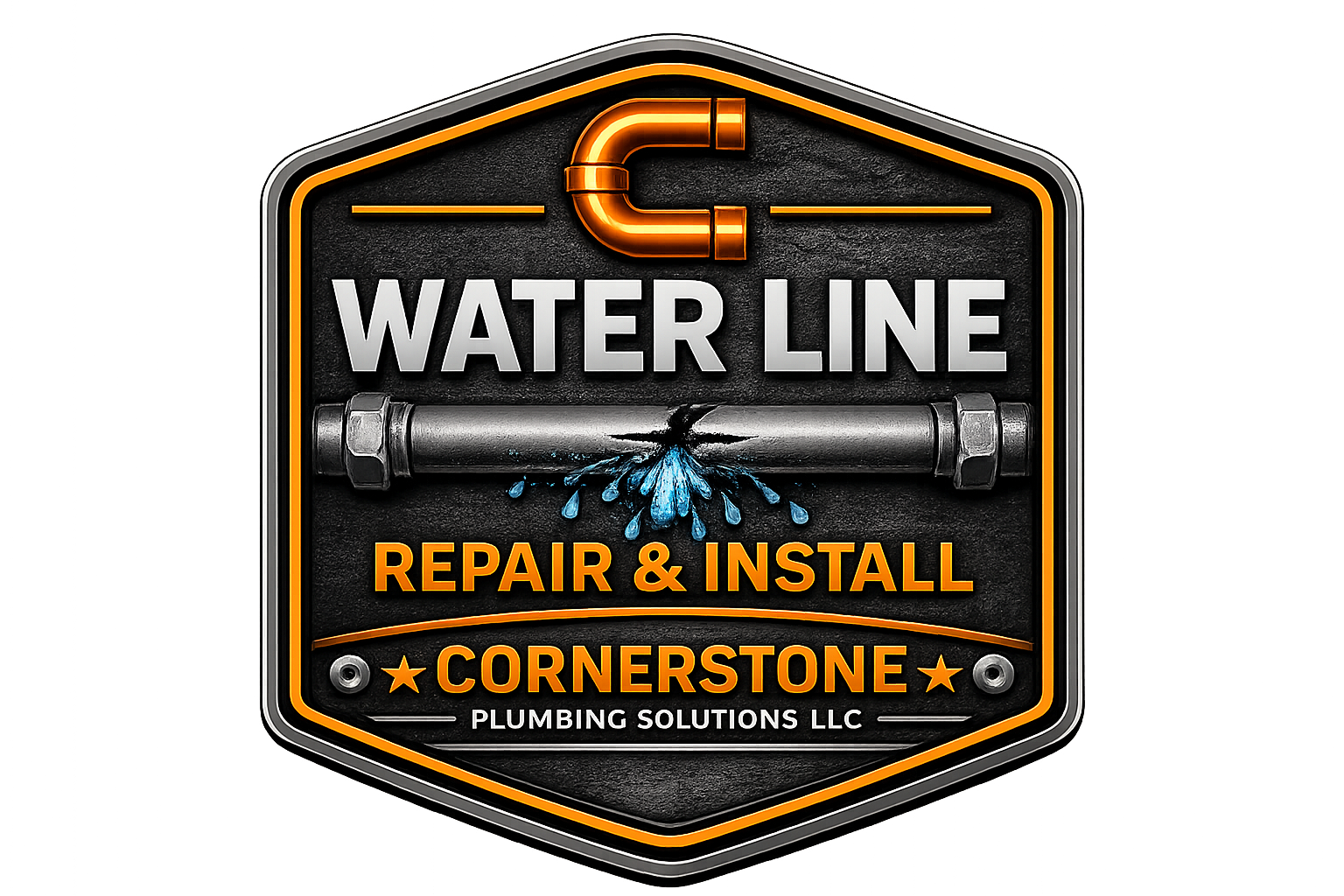 Neon sign for Cornerstone Plumbing Solutions LLC, advertising water line repair and installation, with an illustration of a pipe leaking water and a pipe bend icon.