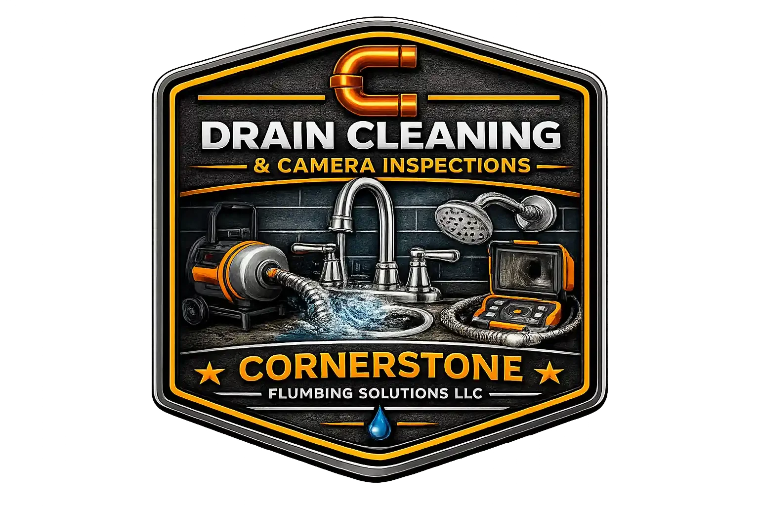 A logo for Cornerstone Plumbing Solutions LLC featuring a plumbing sink with tools, a camera inspection device, and cleaning equipment. The design includes text for drain cleaning, camera inspections, and highlights techniques used by the company.