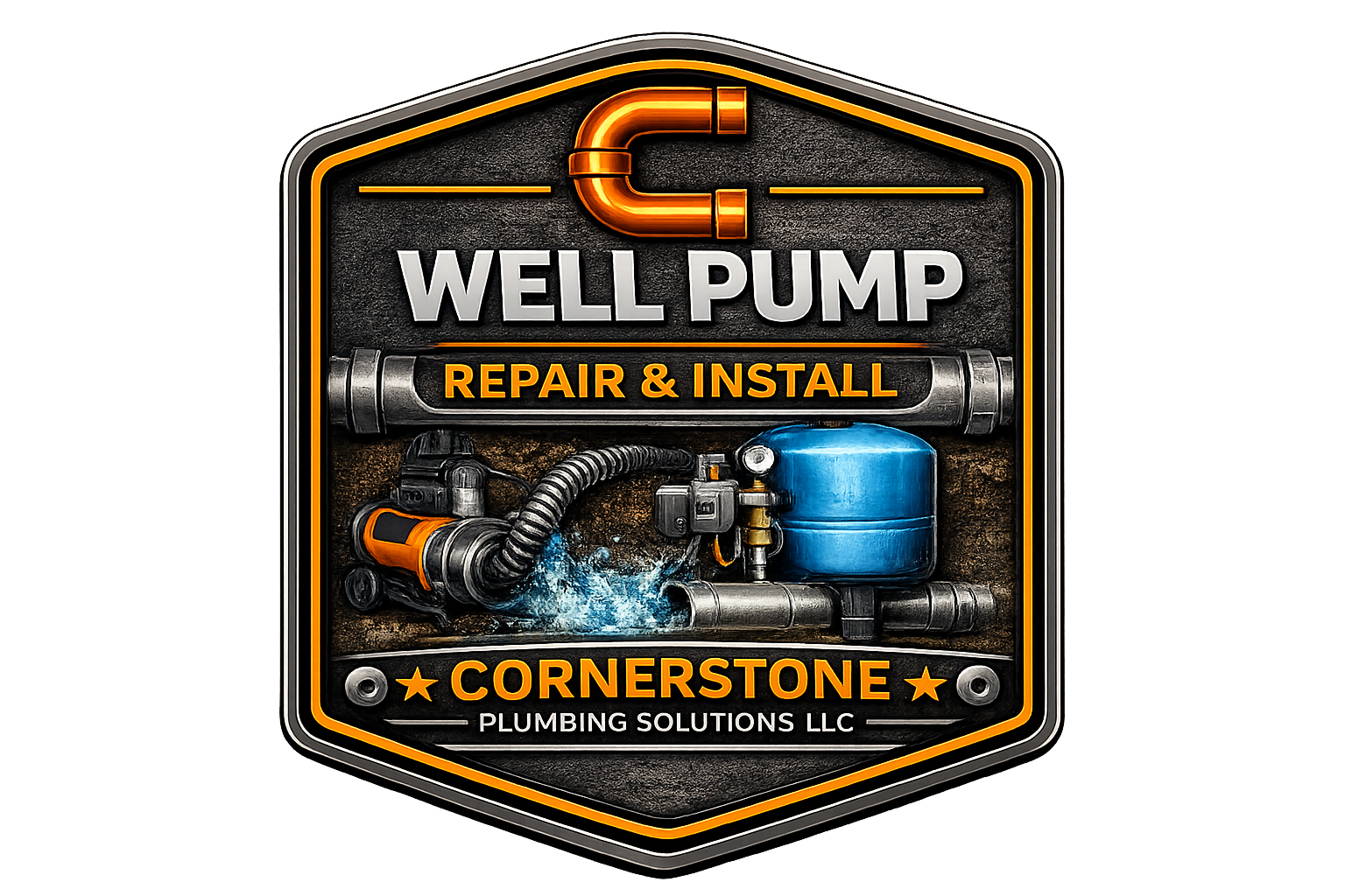 Garage sign with a pipe and water pump image, advertising well pump repair and installation services by Cornerstone Plumbing Solutions LLC, featuring neon-style text and plumbing tools.