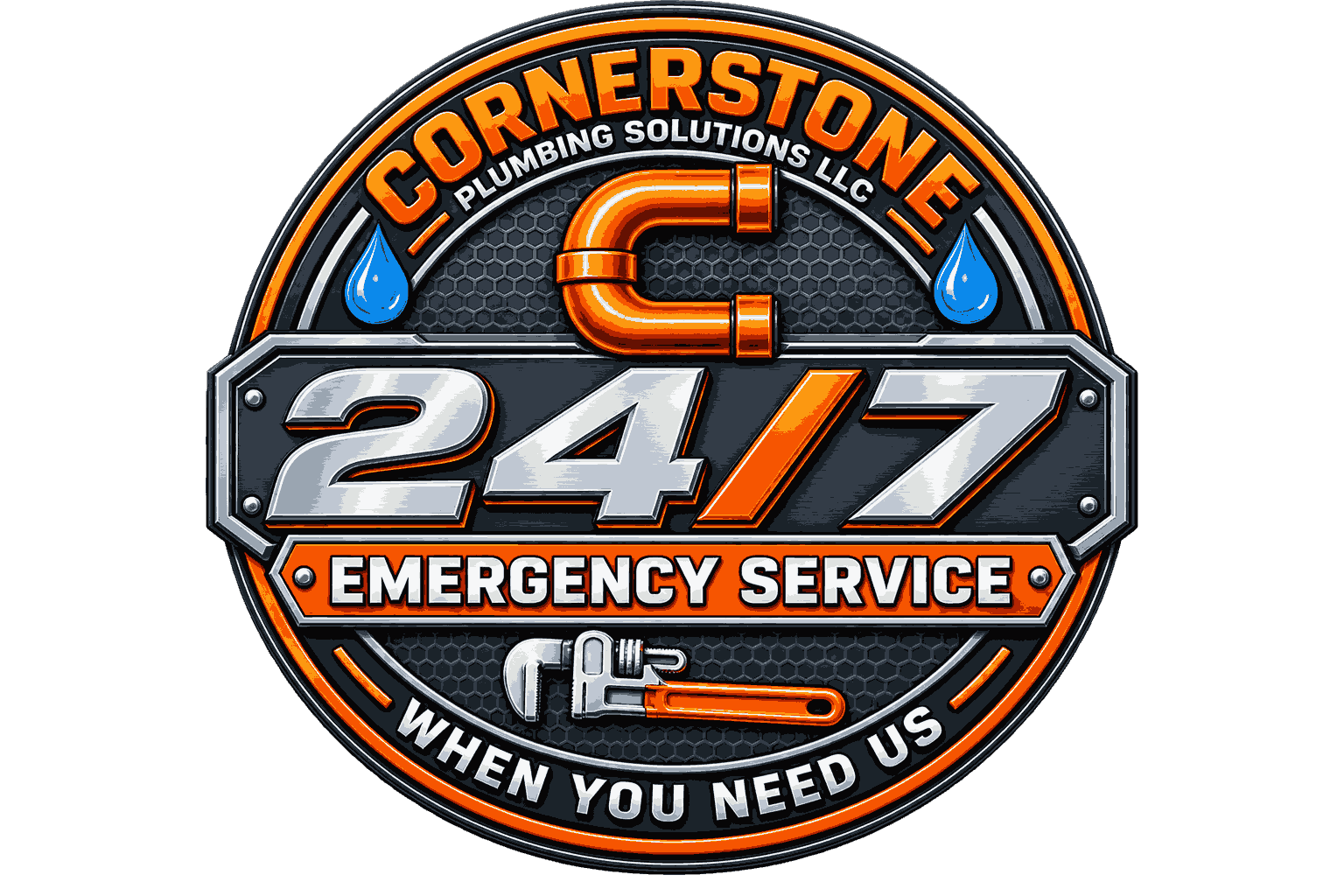Logo for Cornerstone Plumbing Solutions LLC with 24/7 emergency service, including a pipe clamp, water drops, and a pipe wrench, on a black background.