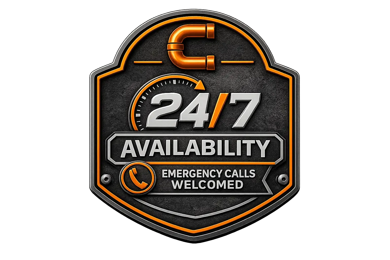 A black and orange badge-style sign indicating 24/7 availability, emergency calls welcome, with a phone icon and a magnetic hook symbol.