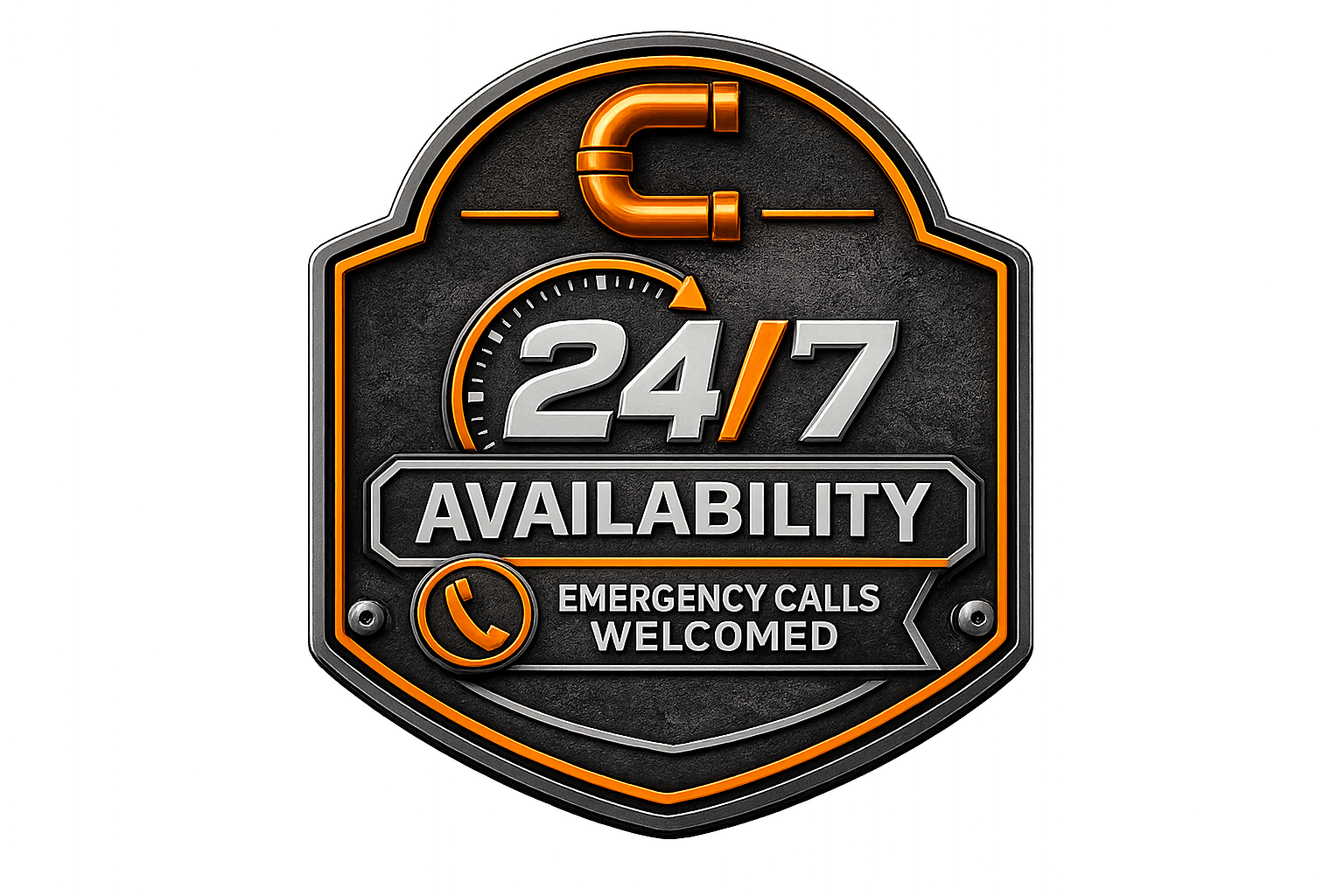 A badge sign indicating 24/7 availability, with a phone icon and the message emergency calls welcomed.