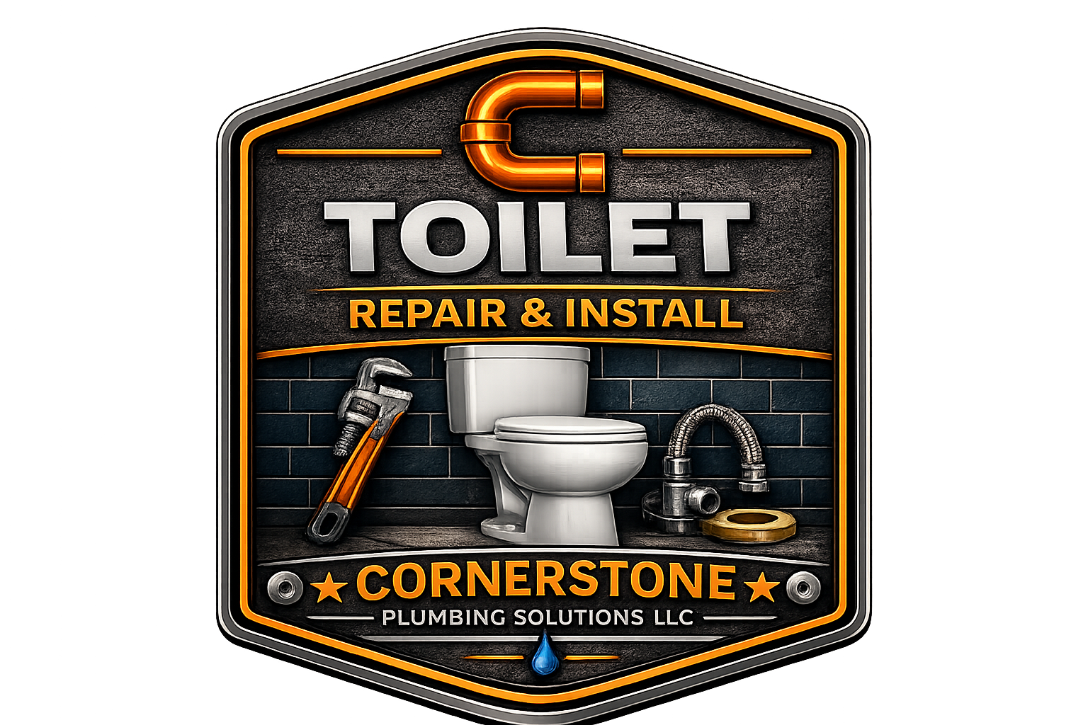 Sign for a plumbing company called Cornerstone Plumbing Solutions LLC, advertising toilet repair and installation services, featuring a toilet, wrench, pipe, and plumbing supplies.