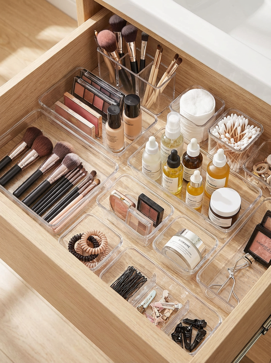 Firefly_Gemini Flash_Ultra photorealistic top-down view of an organized bathroom drawer, transparent acryl 413410.png