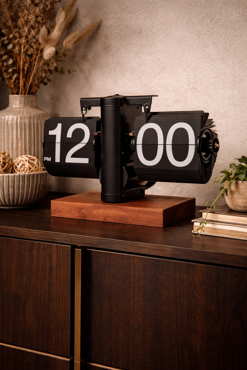 Horloge rétro sur meuble en bois.png
