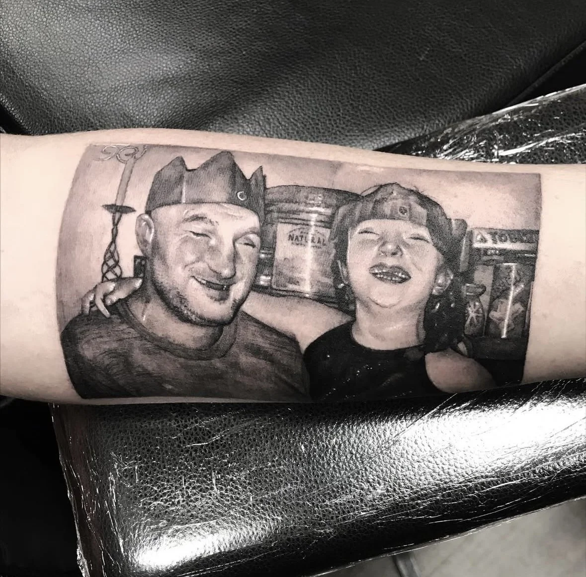 A detailed family portrait tattoo with lots of fine line small details, from portrait specialist Rose F Tattoo. Black and grey tattoo artist in Bristol UK, soon to be Sunshine Coast, Queensland near Brisbane Australia