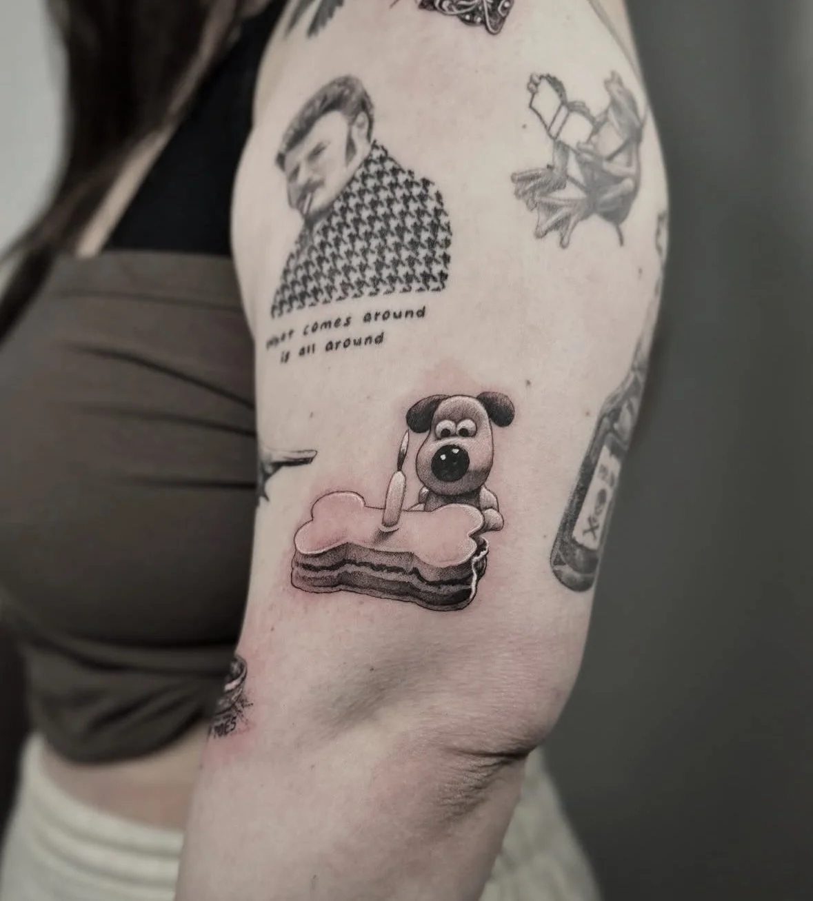 baby Gromit tattoo as part of a detailed patchwork tattoo sleeve, by Rose F Tattoo in Bristol, UK. Soon to be in Sunshine Coast, near Brisbane, Queensland, Australia