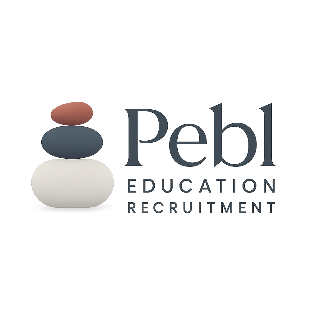 Logo for PEB Education Recruitment, featuring a stacked pebble design in shades of brown, gray, and white, with the company name in stylized text.