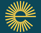 A circular logo with a stylized sunburst pattern and a horizontal line across the middle, on a dark background.