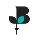 Abstract logo with a stylized black letter B and a blue leaf element