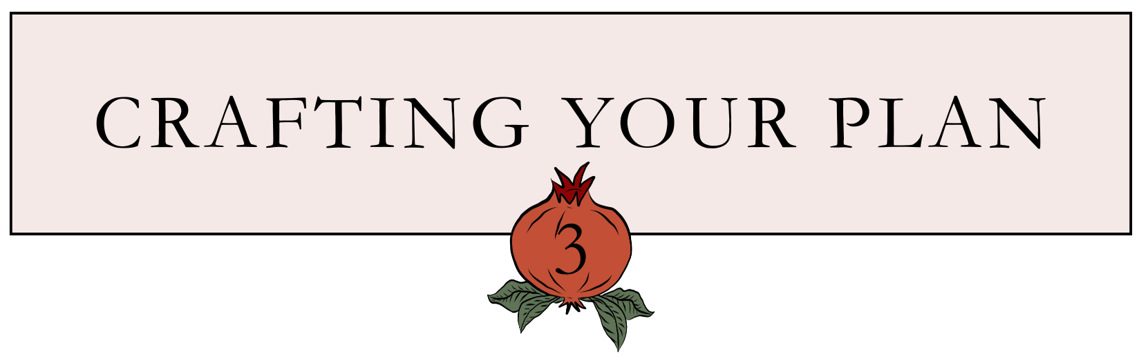 A logo with the text 'Crafting Your Plan' at the top, a pomegranate illustration with the number 3 in the center underneath the text, and green leaves at the bottom of the pomegranate.