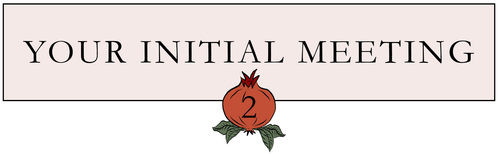 Sign with the text 'Your Initial Meeting 2' and an illustration of a pomegranate below the text.