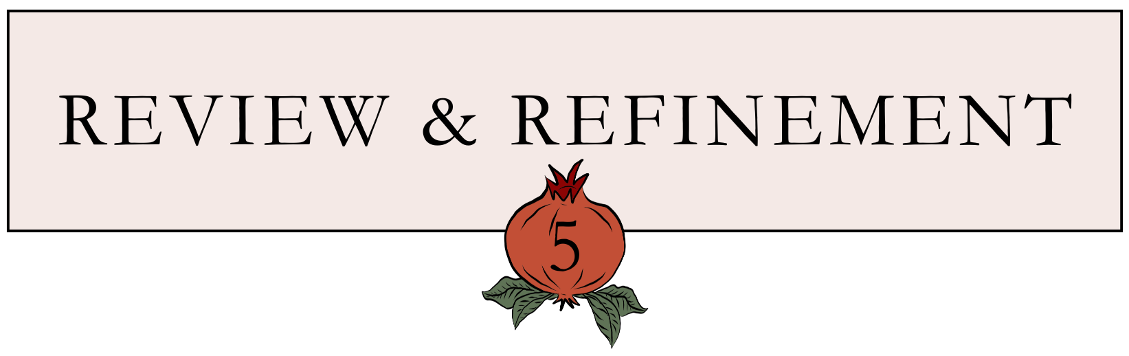 Light pink rectangle graphic with text 'Review & Refinement' and a pomegranate illustration with the number 5 in the center of the pomegranate.