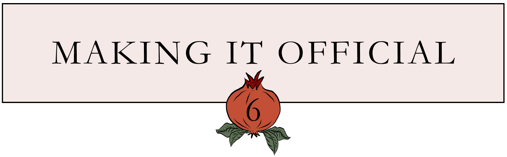 Light pink rectangle graphic with text 'Making it Officialt' and a pomegranate illustration with the number 6 in the center of the pomegranate.