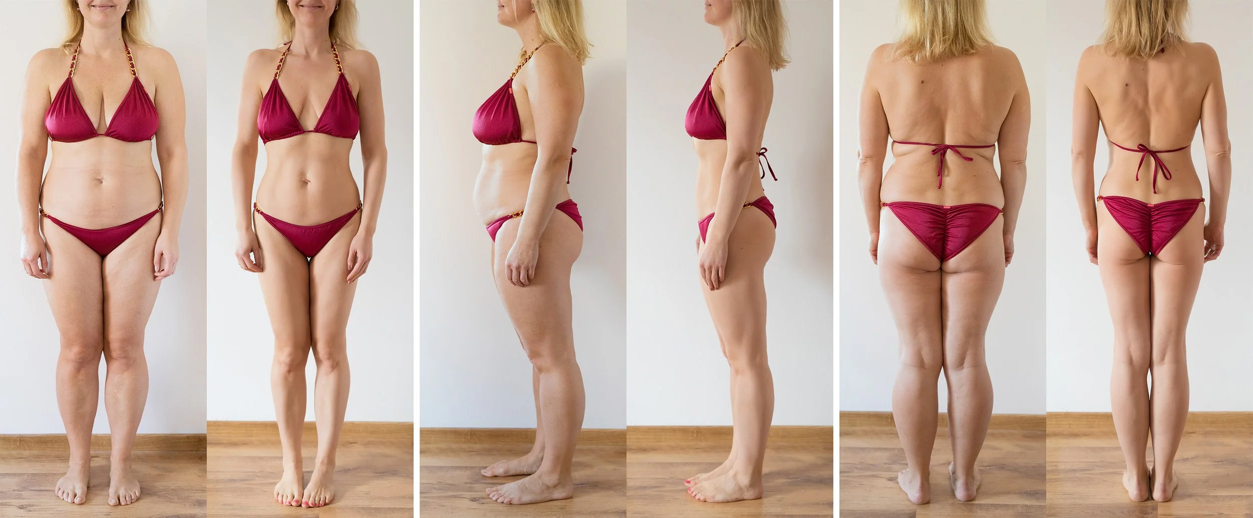 Series of six side and back view photos of a woman in a red bikini, showing her body from front, side, and rear angles against a plain white wall.