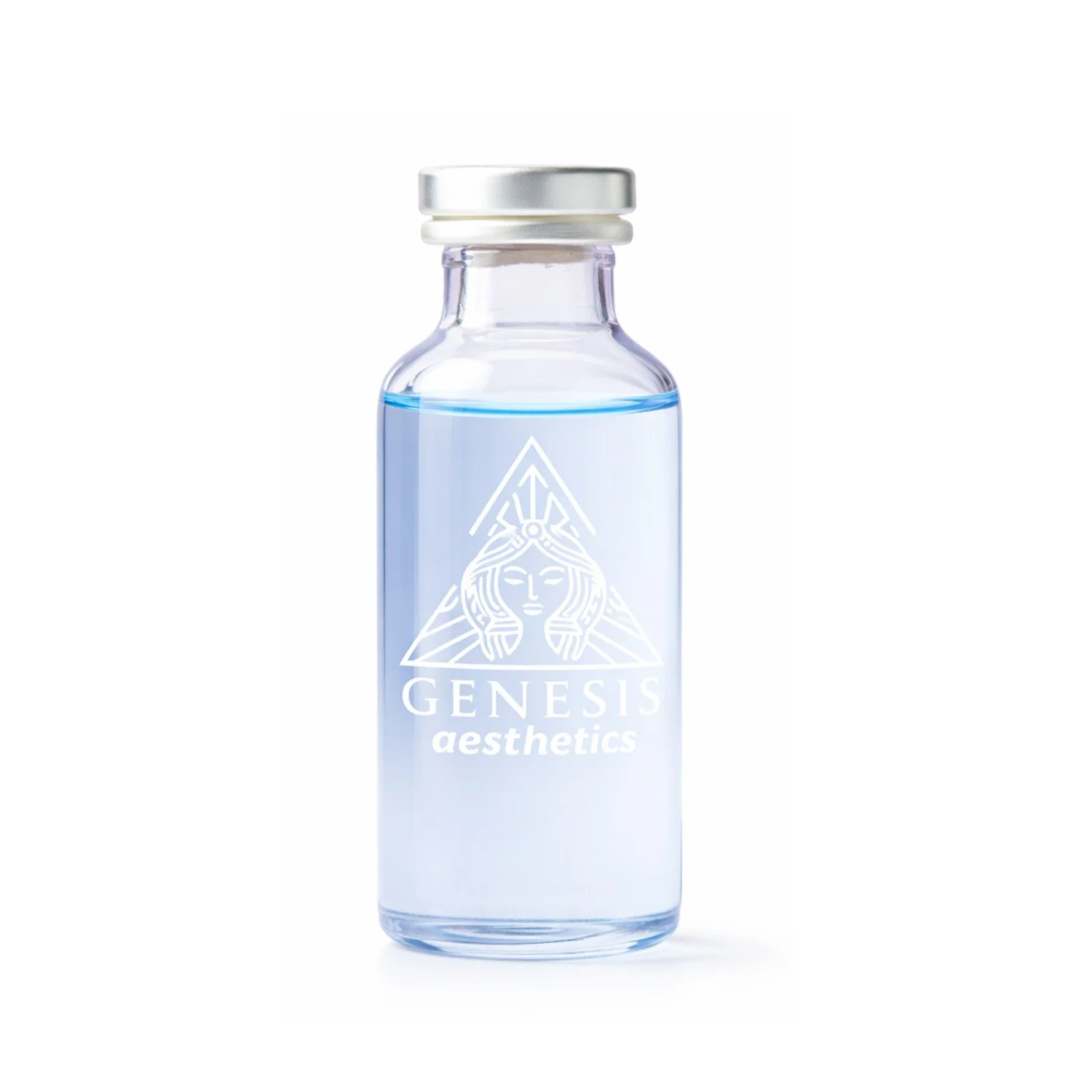 A clear glass bottle filled with blue liquid, featuring a white logo of a stylized face with flowing hair and the text 'GENESIS aesthetics' on the front.