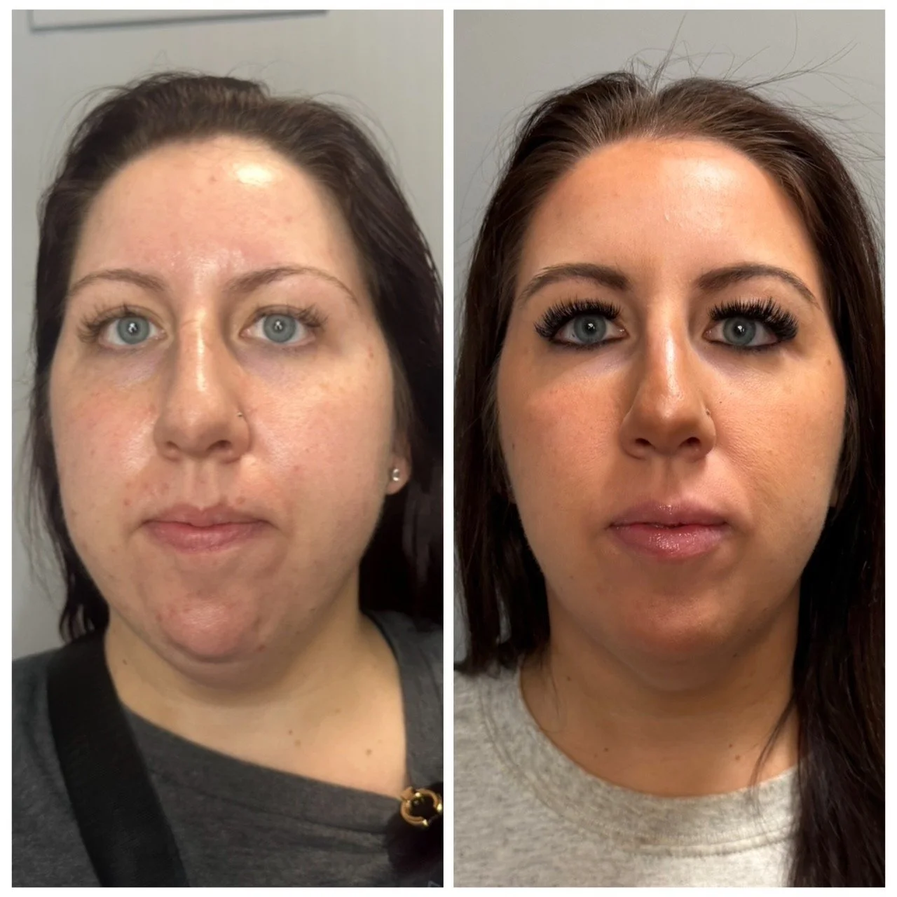 Side-by-side comparison of a woman before and after makeup application, showing a transformation with enhanced eyebrows, eyelashes, and complexion.