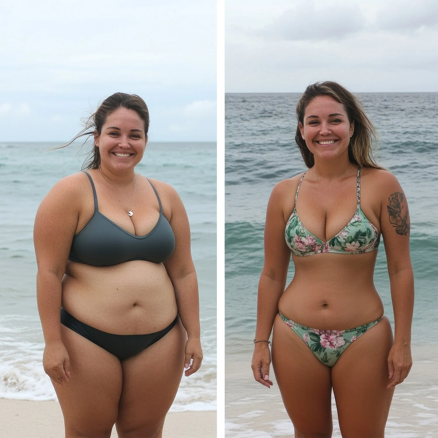 Before and after photos of a woman at the beach, showing weight loss transformation, wearing a bikini in each photo, with the ocean in the background.