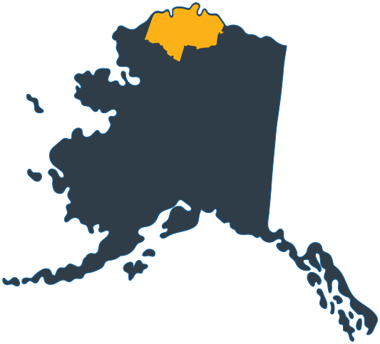 Map of Alaska with the northernmost region highlighted in yellow.