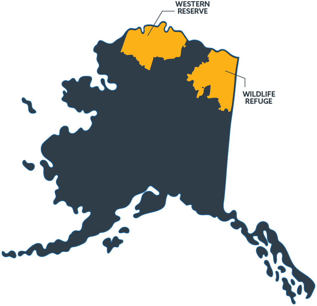 Map of Alaska highlighting the Western Reserve and Wildlife Refuge regions in yellow.