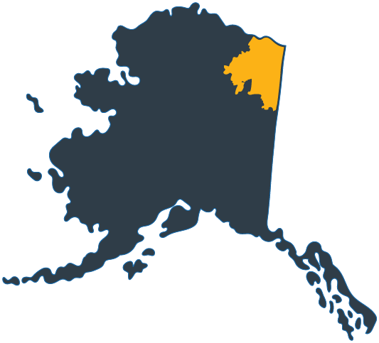 Outline map of Alaska with a highlighted region in the northeastern part of the state.