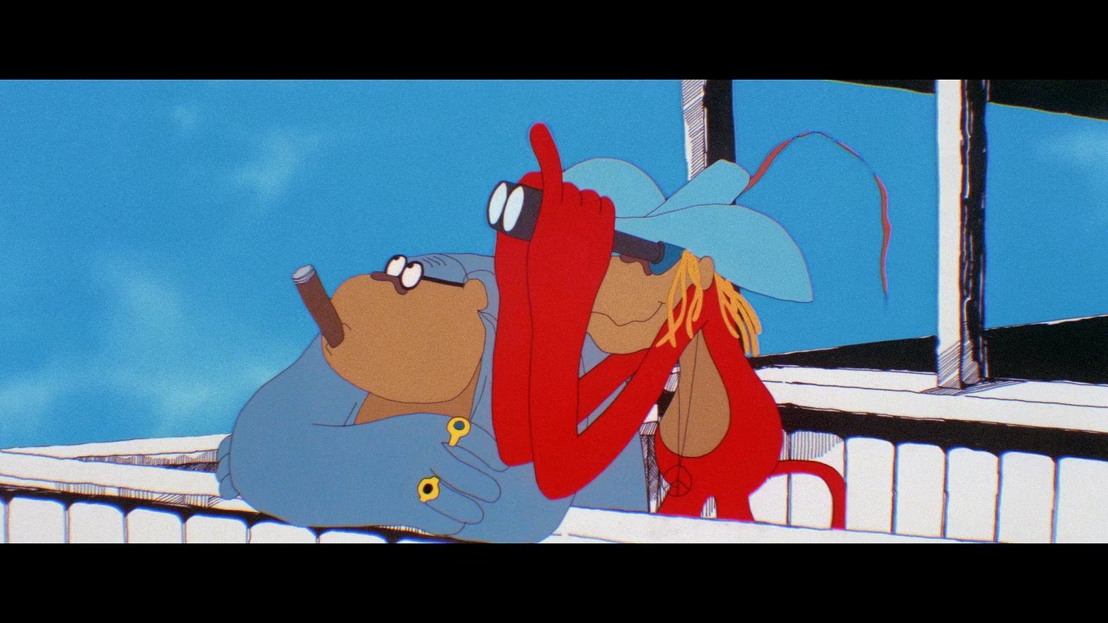 A still image from the animated film Tiki Tiki depicting two cartoonish monkeys gazing into the sky. the the left ape is blue and smoking a cigar, the right ape is bright red and using binoculars while wearing a pale blue cowboy hat.