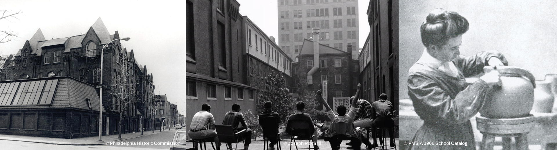 Historic black and white photograph of Furness North, people gathered in the Furness courtyard, and a 1901 young female student crafting a ceramic jug.