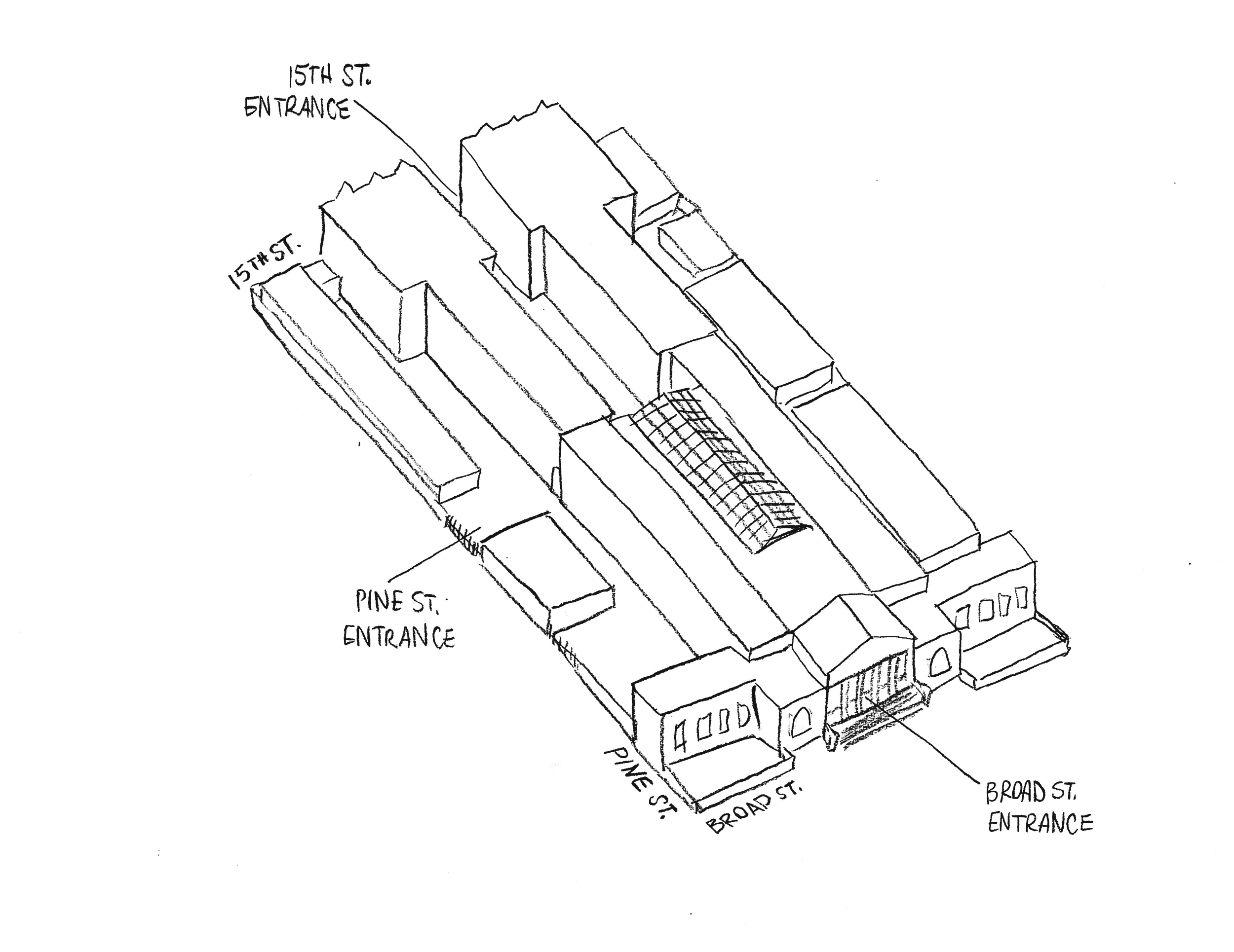 Architectural sketch illustrating the layout of the Village of Industry & Art buildings.