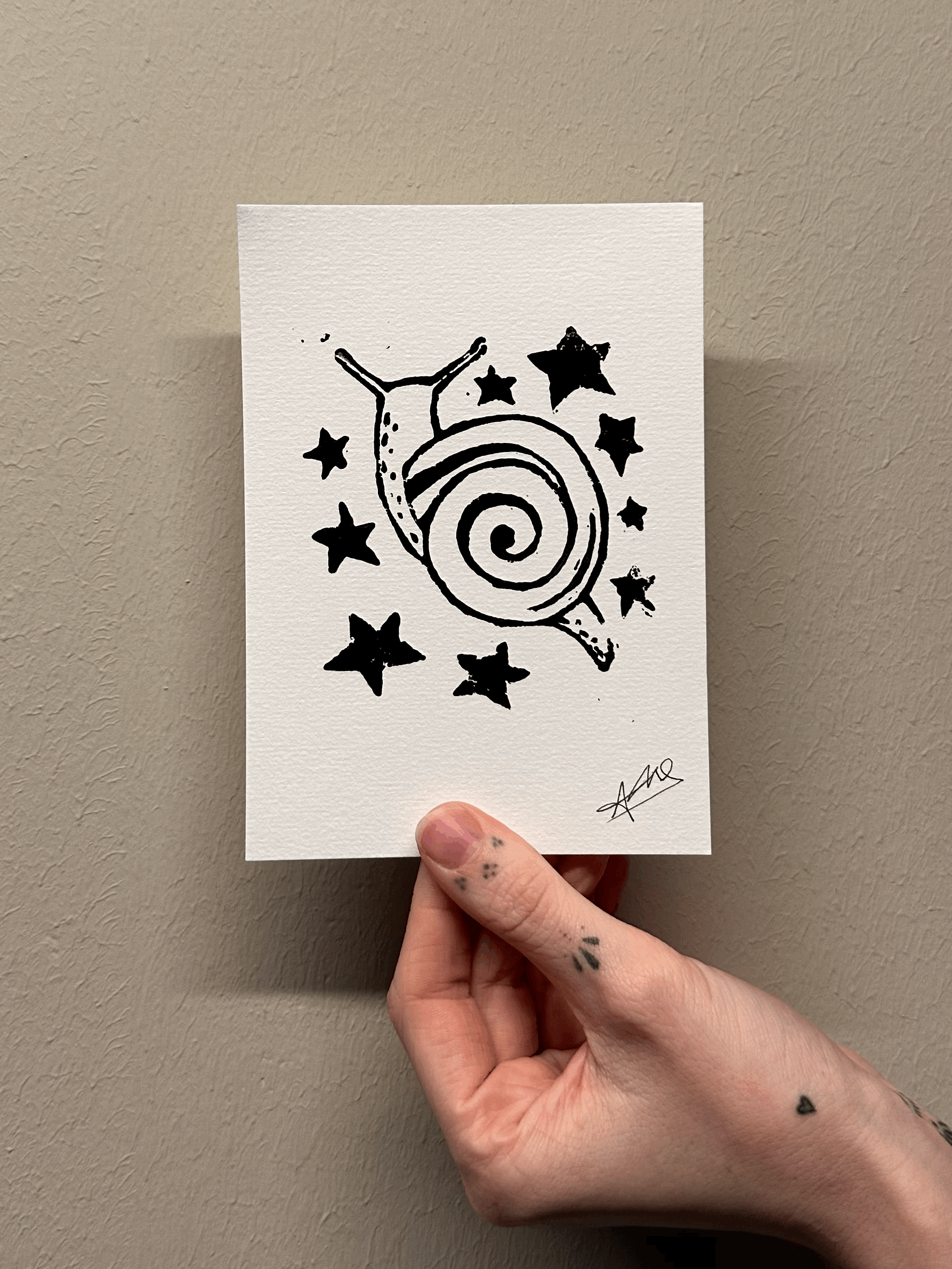 Linocut Print starry snail (A6)