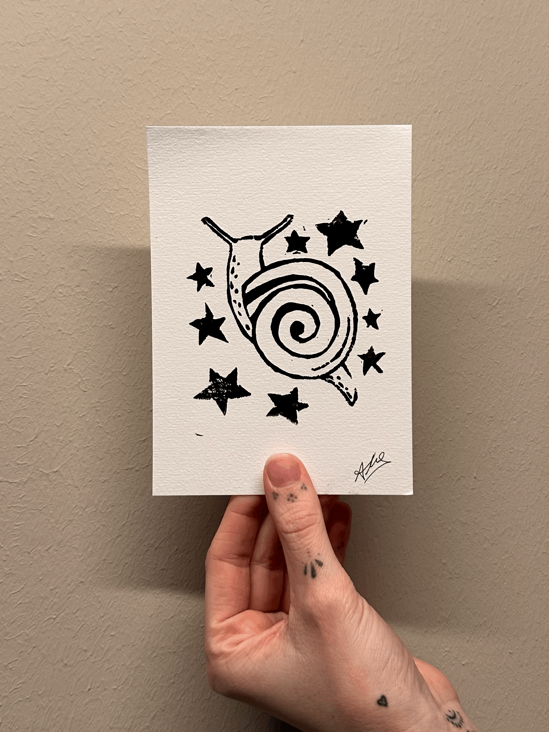 Linocut Print starry snail (A6)