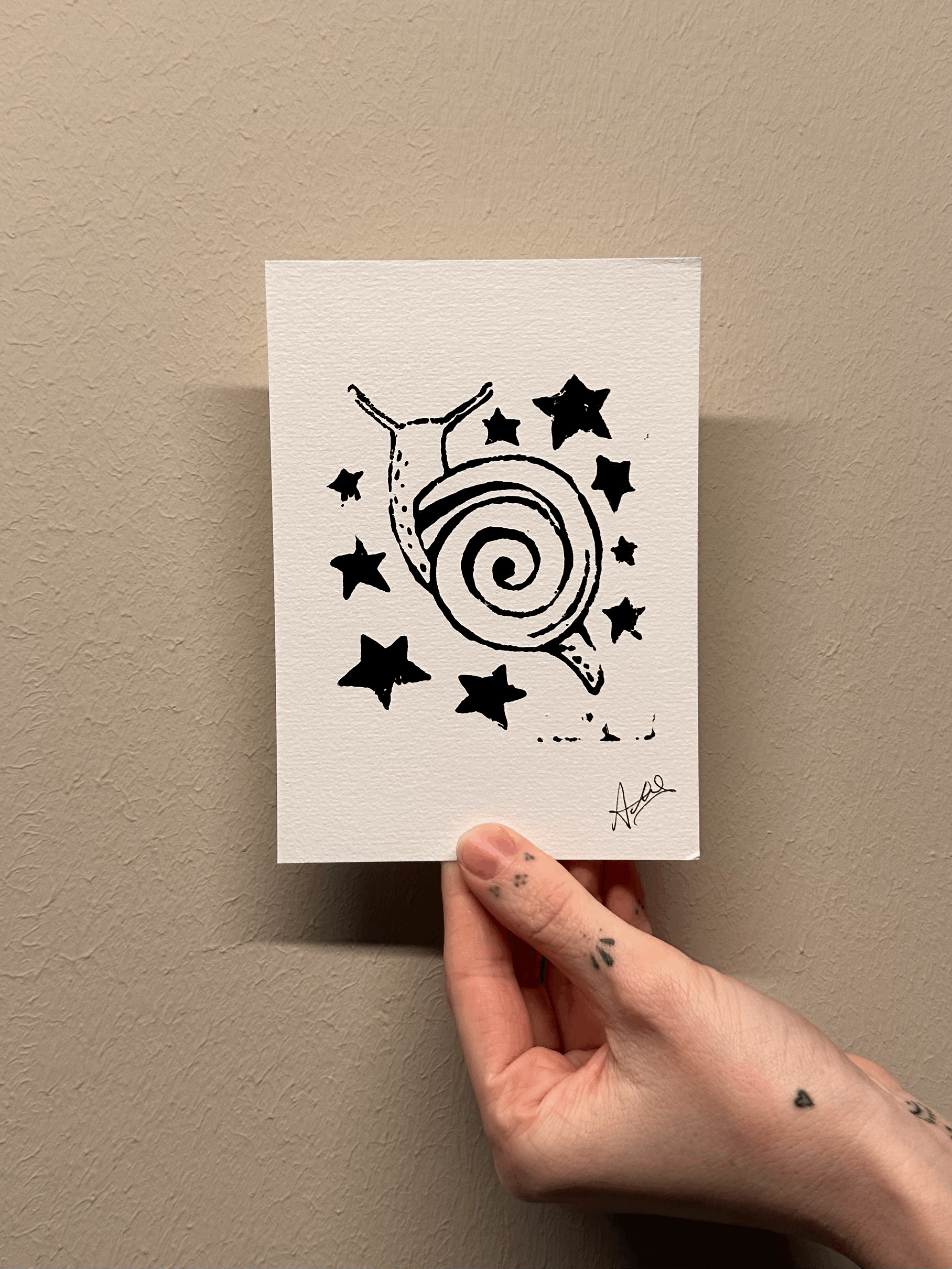 Linocut Print starry snail (A6)