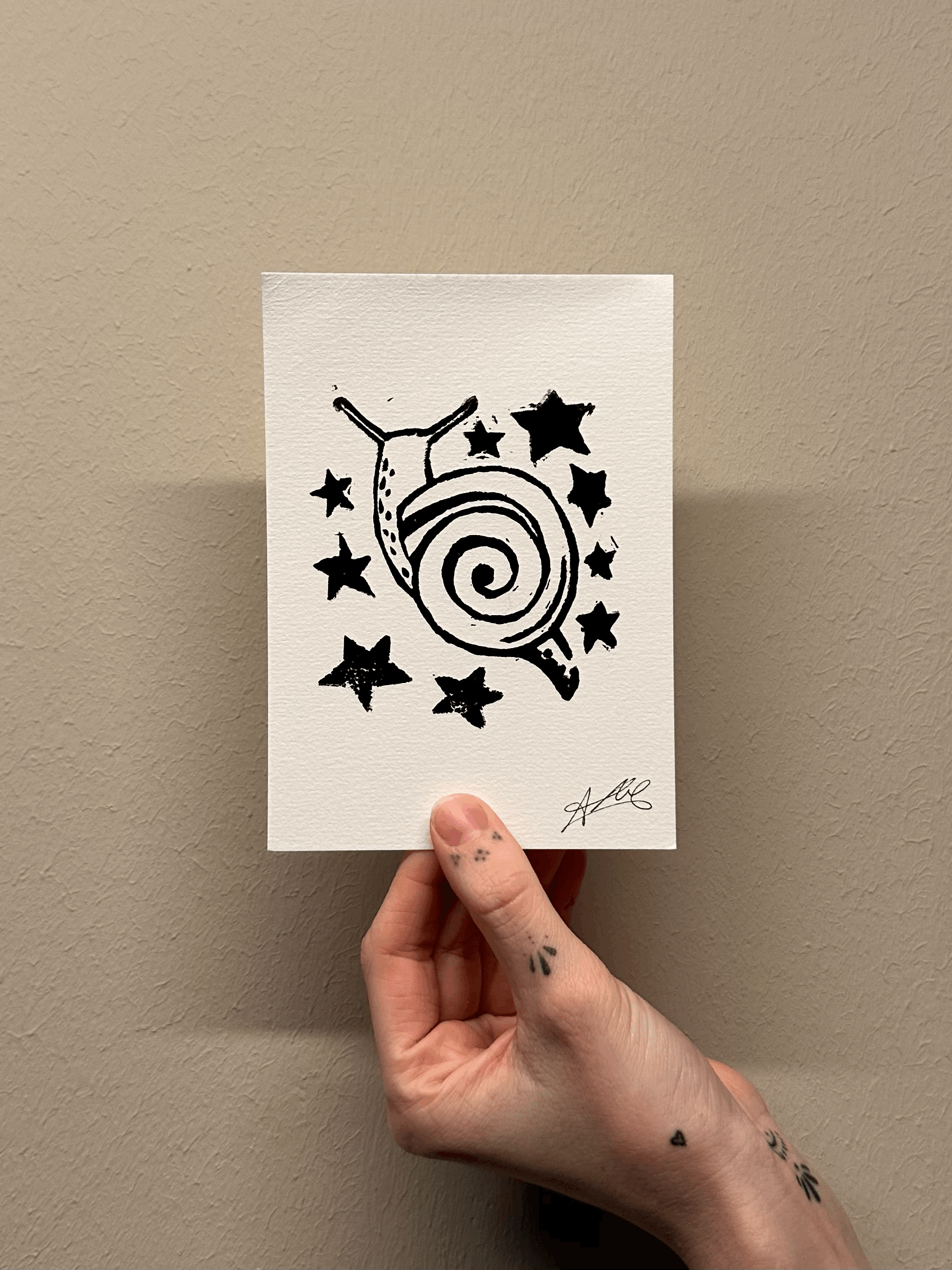 Linocut Print starry snail (A6)