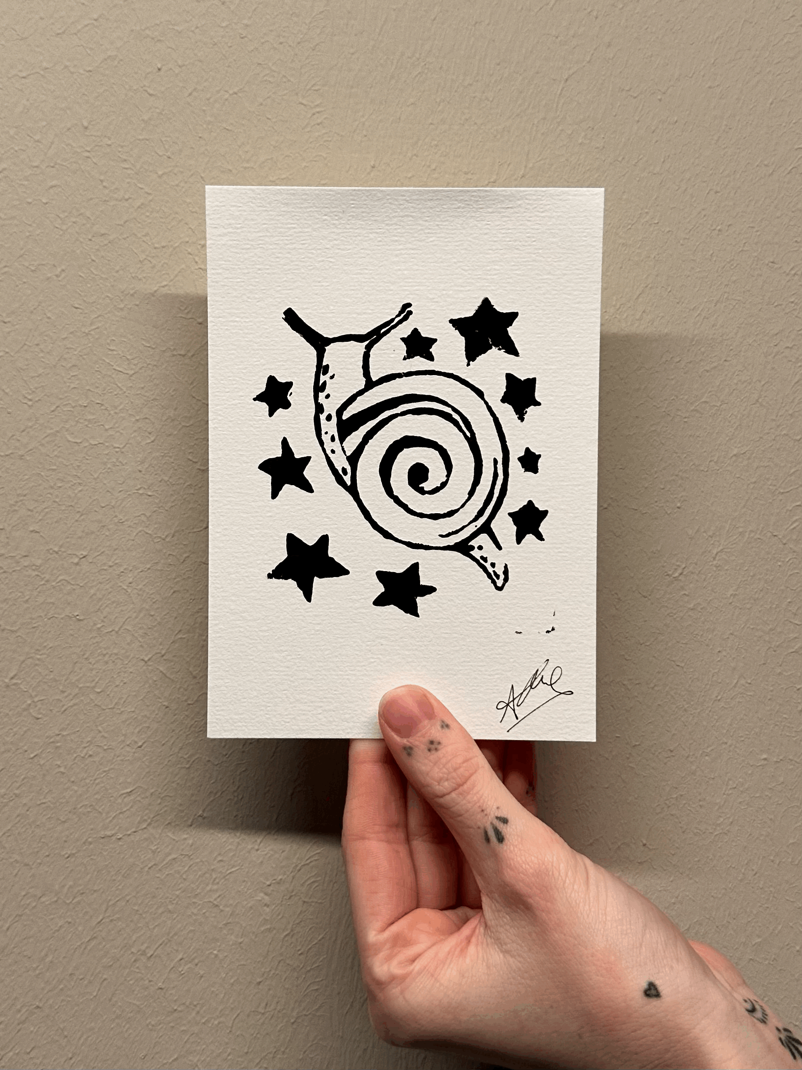 Linocut Print starry snail (A6)