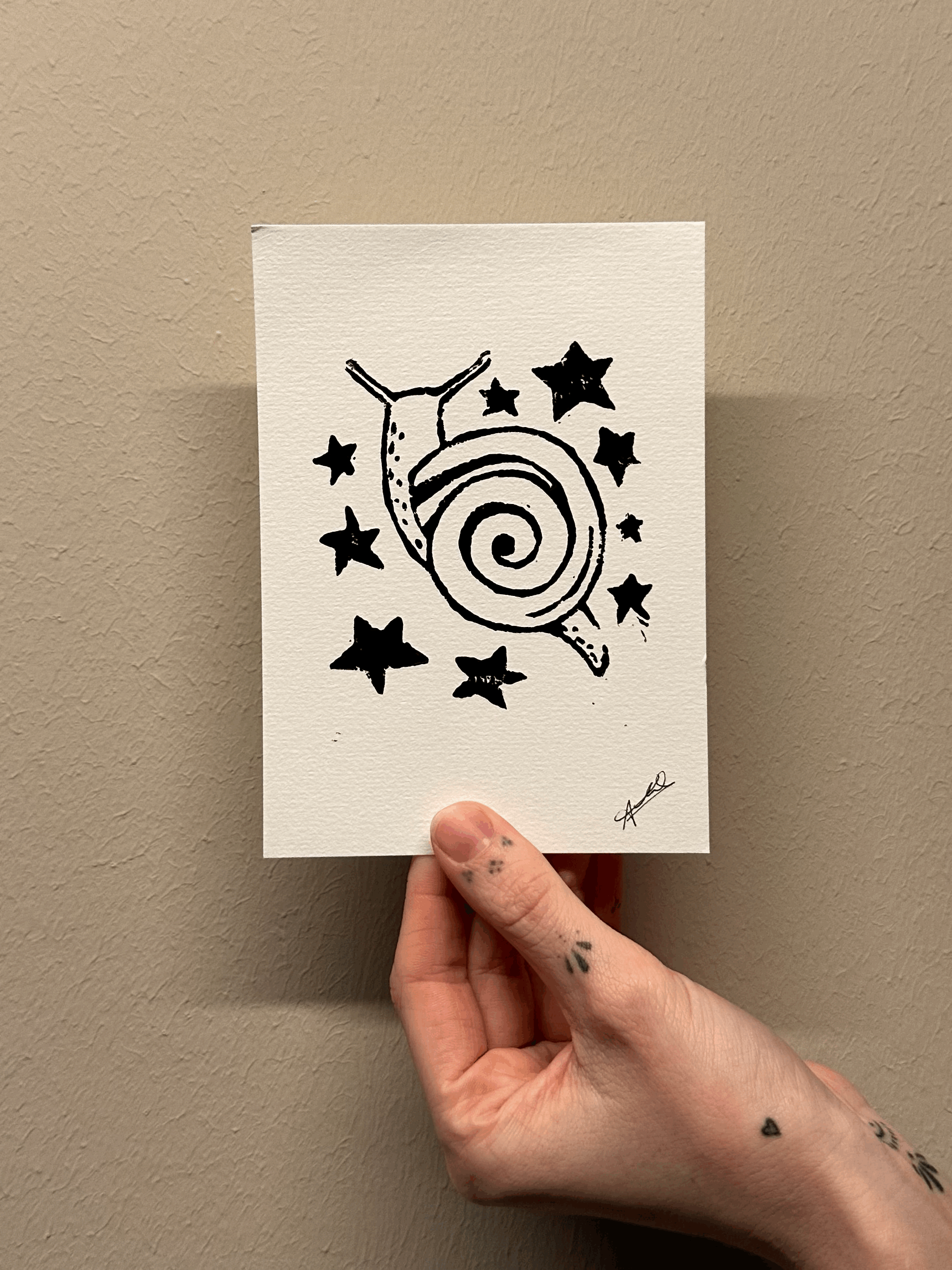 Linocut Print starry snail (A6)