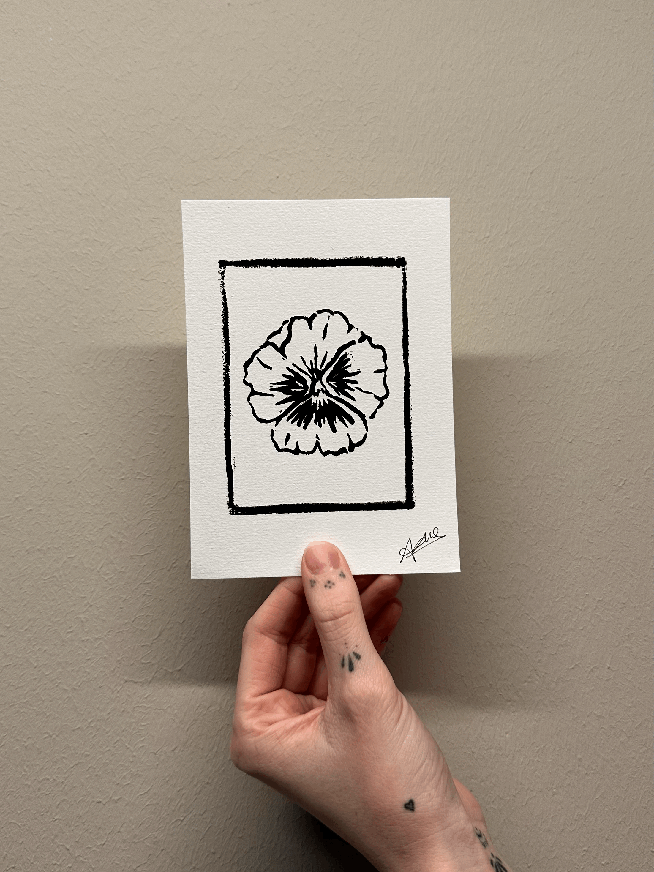 Linocut Print Pansy (A6)