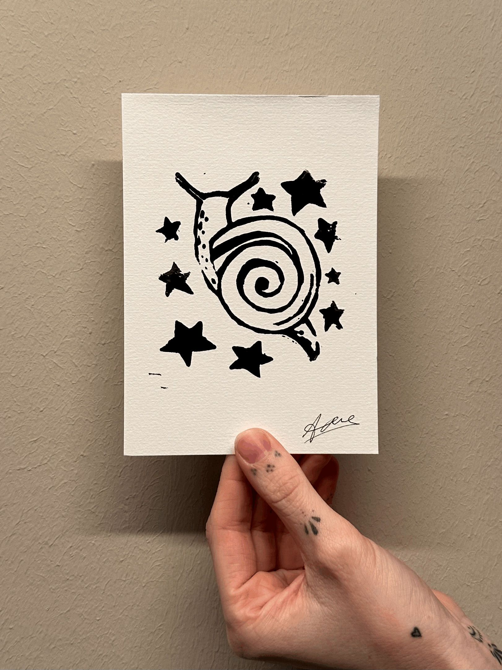 Linocut Print starry snail (A6)