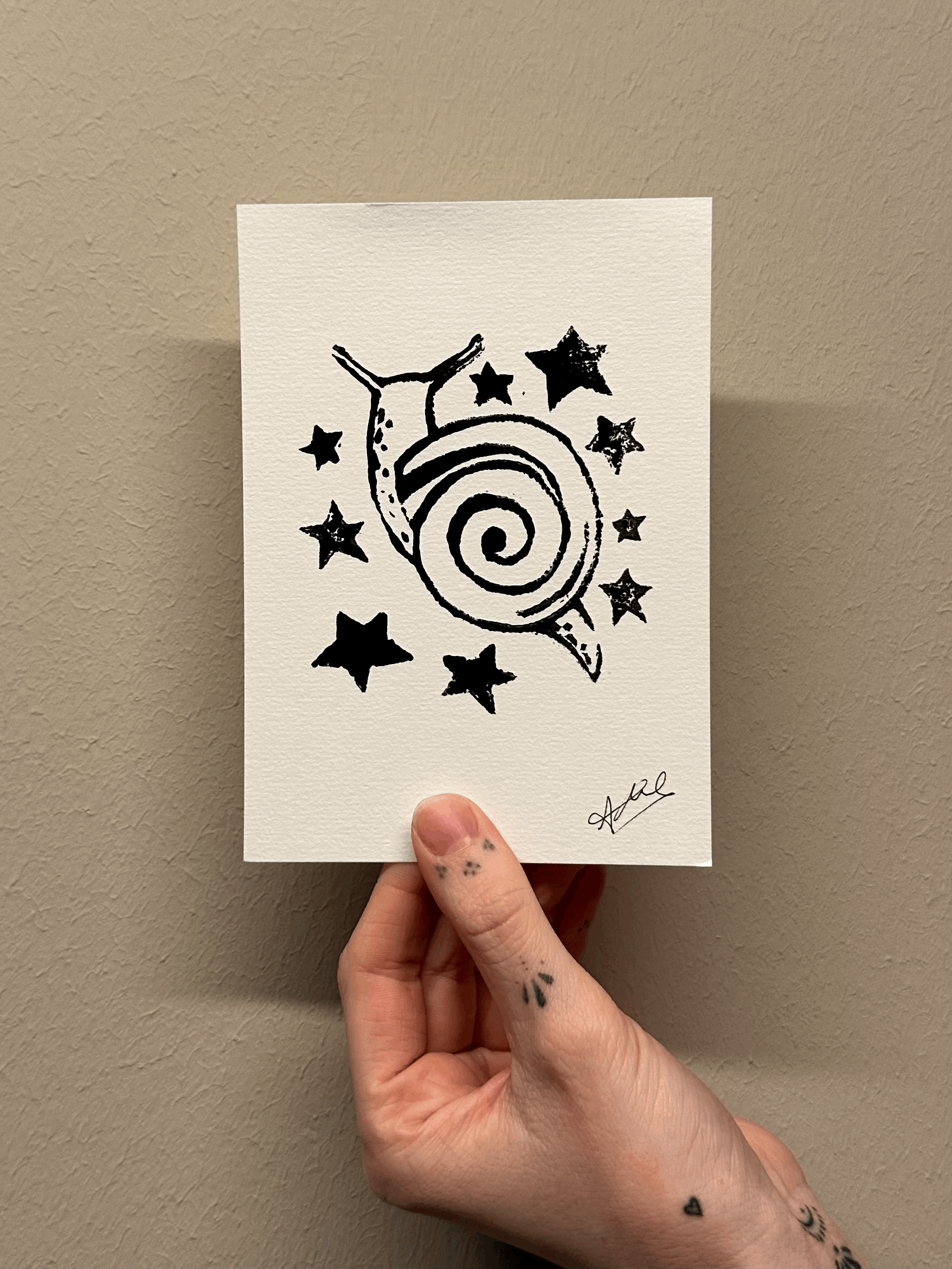 Linocut Print starry snail (A6)