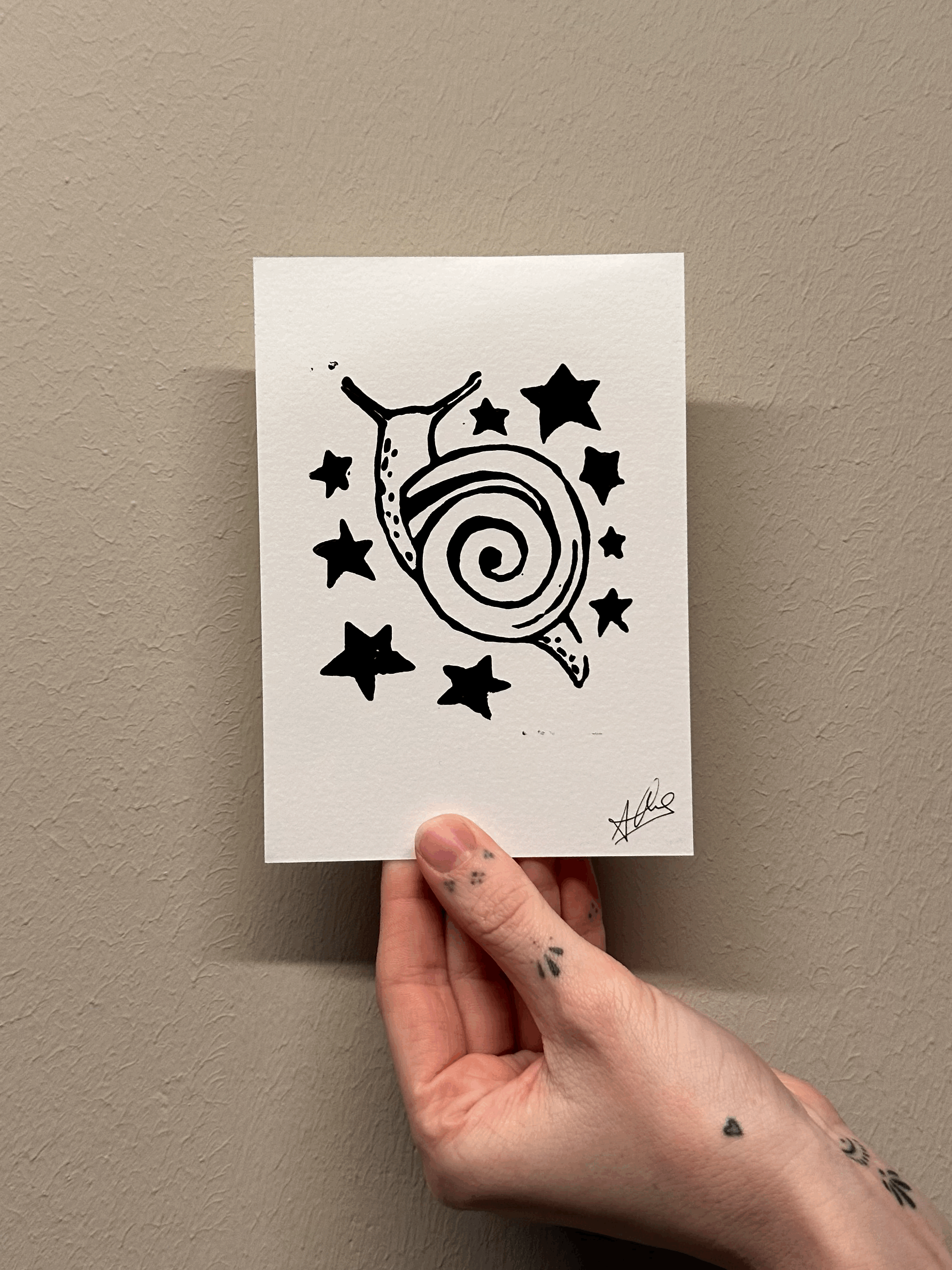 Linocut Print starry snail (A6)
