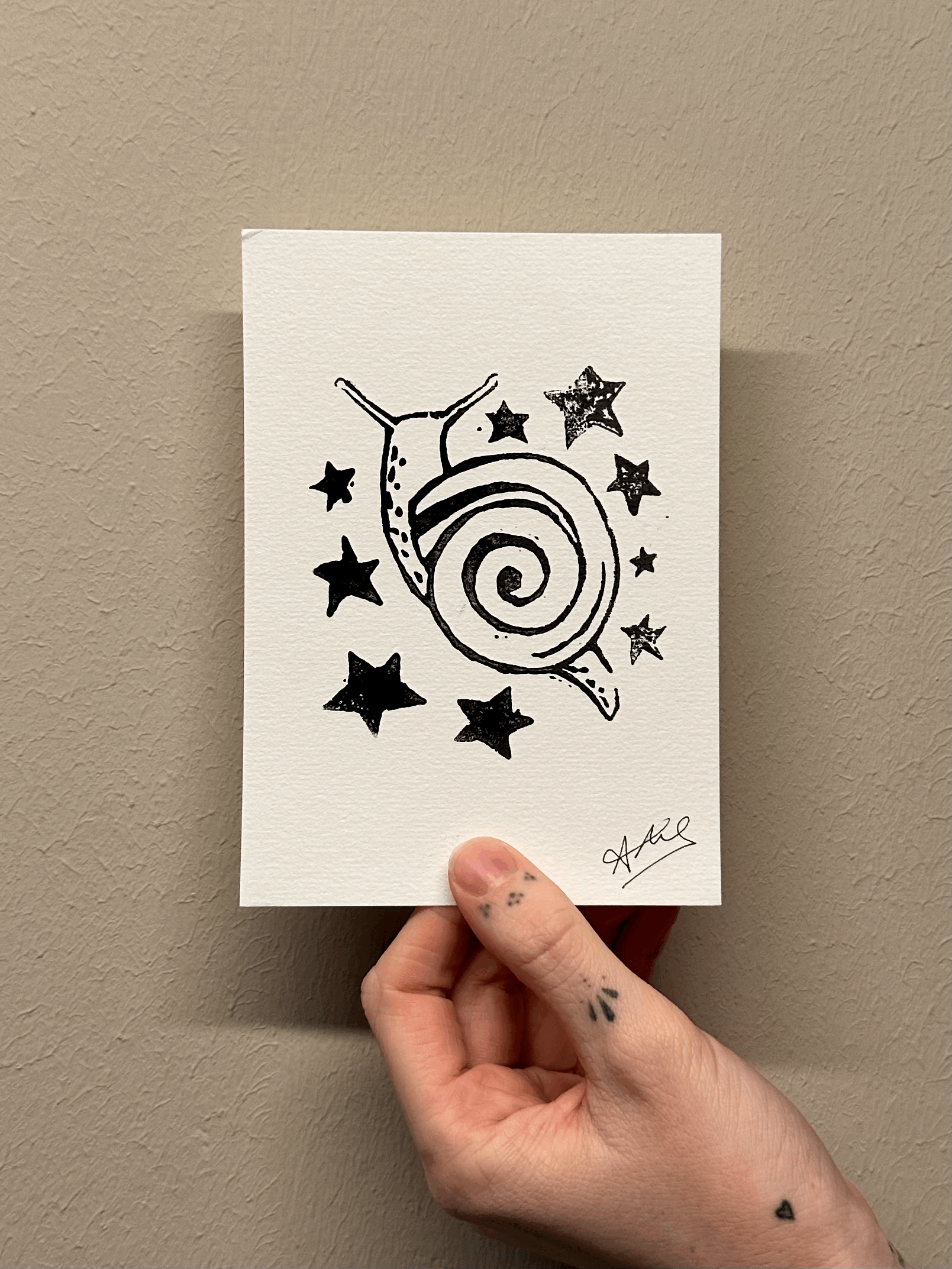 Linocut Print starry snail (A6)