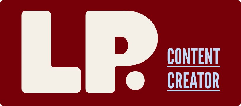 LP! Content Creator logo with large white letters on a red background.