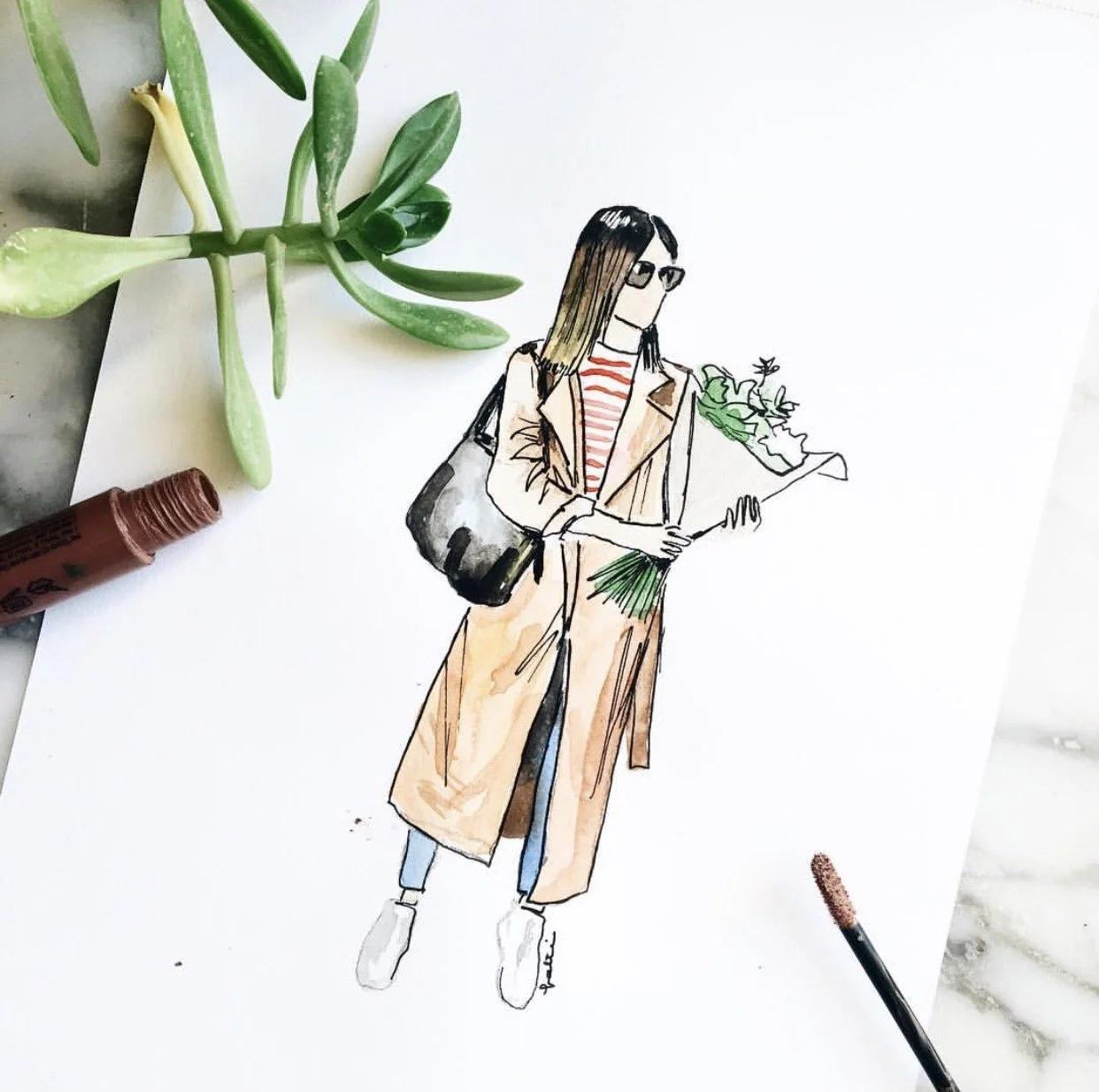 Hand-drawn illustration of a woman with glasses holding a bouquet of flowers, wearing a long coat and carrying a black bag, on a white sheet of paper surrounded by drawing tools and a cactus plant.