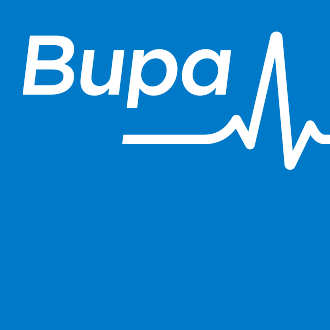 Bupa logo with name and heartbeat line on a blue background.