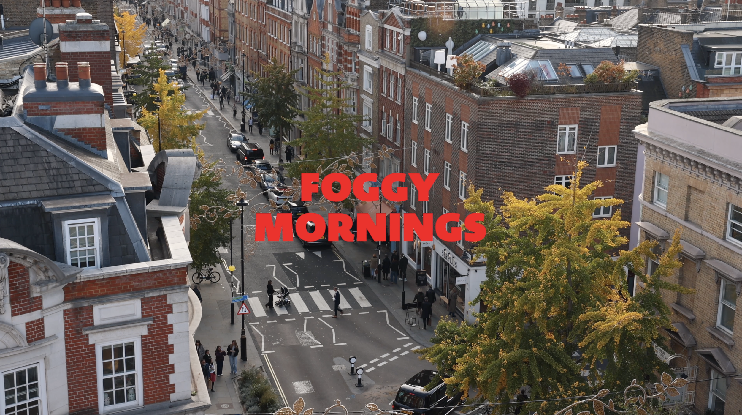 A city street scene with buildings, trees with yellow and green leaves, cars, bicycles, pedestrians crossing the street, and shops, with the text 'FOGGY MORNINGS' in red over the image.