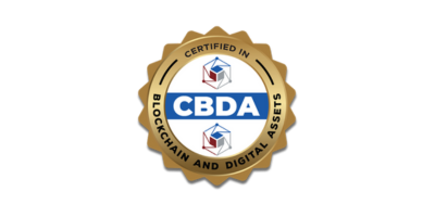 A gold medallion badge with the CBDA logo, indicating certification in blockchain and digital assets.